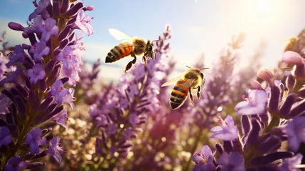 Muurstickers A field of flowers with honeybees busily collecting nectar, busy bees and blooming plants. © okfoto