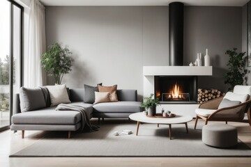 Scandinavian interior home design of modern living room with gray sofa and round table with fireplace and gray wall