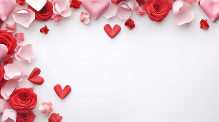 Romantic Valentine's Day Background with Hearts, Flowers, and Gifts on White. Classic Design with Copy Space for Promotional Content. Top View Isolated Background Perfect for Text or Ads.