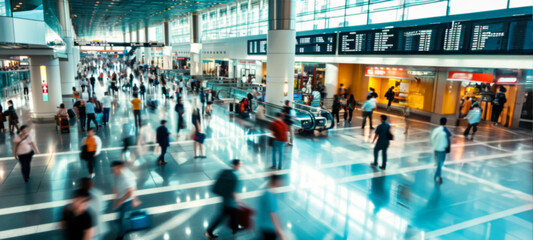 Traveling concept. Crowded modern airport terminal with travelers rushing to their gates. As business people, tourists, and families navigate through the terminal, images double exposure, blurred