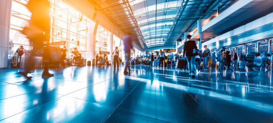 Traveling concept. Crowded modern airport terminal with travelers rushing to their gates. As business people, tourists, and families navigate through the terminal, images double exposure, blurred - obrazy, fototapety, plakaty