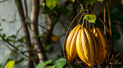 Cocoa fruit hanging on the tree. Ai Generative - obrazy, fototapety, plakaty