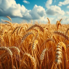 Fototapeta premium Panoramic view of a vast wheat field with mature spikelets swaying in the breeze. [Panoramic view of wheat field with mature spikelets