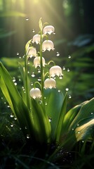 Fototapeta na wymiar Dewy lily of the valley - A blooming lily of the valley generative ai