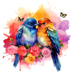 colorful two bird in love watercolor illustration for poster and sublimation design