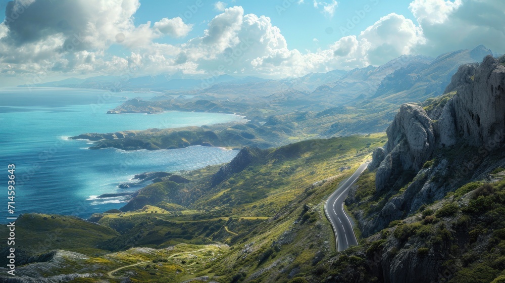 Poster a scenic view of the ocean from a high point of view of a road on the side of a mountain with a body
