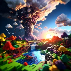 Blocky texture inspired tornado. Blocky cubes texture world. Voxel earth surface. Generative AI.