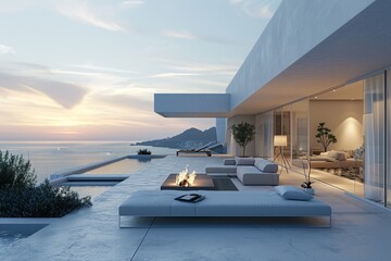 Fototapeta premium Luxury Seaside Living Room: White Elegance,Oceanview Elegance: White Terrace Retreat,White Living Room Paradise: Seafront Luxury