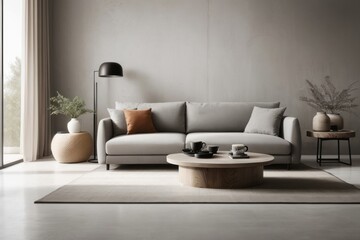 interior home design of modern living room with gray sofa and rustic round table with concrete wall