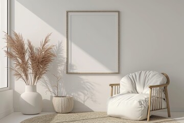 Minimal White Living Room Interior with Blank Poster Frame,Clean and Minimal Living Room with Empty Frame Mock-up