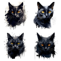 Set of drawings of black cats on a white background