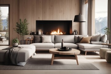 Scandinavian interior home design of modern living room with gray sofa and rustic wooden table with fireplace
