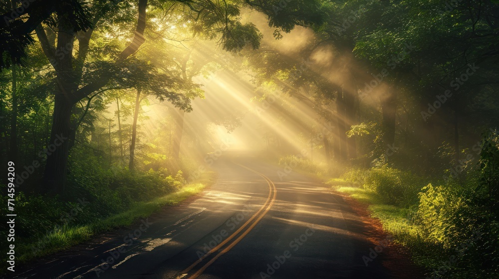 Poster a road in the middle of a forest with sunbeams shining through the trees on either side of the road 
