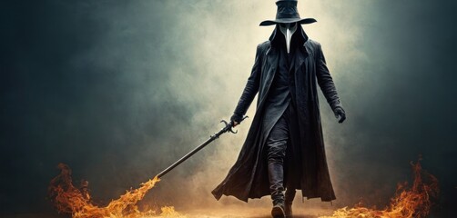  a man in a long coat and top hat is holding a sword in front of a blazing background of smoke and fire on a dark background with a black coat.