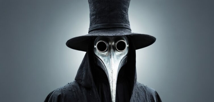  a man wearing a plague mask and a top hat with two large round glasses on his face and wearing a black coat and a black hat with a long hood.