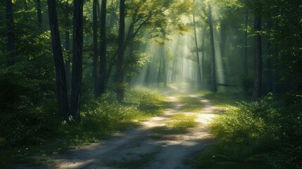  a dirt road in the middle of a forest with sunlight streaming through the trees on either side of the dirt road and the sun shining through the trees on the other side.