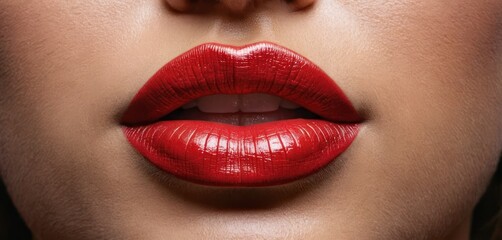  a close up shot of a woman's lips with bright red lipstick on her cheek and her hand on the lip of the woman's cheek's cheek '. - obrazy, fototapety, plakaty