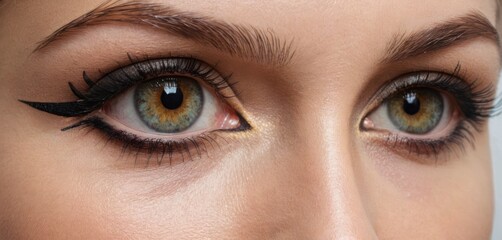  a close up shot of a woman's eye with long lashes and a black feather on the tip of her eyelashes, looking down at the center of the eye.