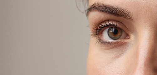  a close up of a woman's eye with long lashes and brown eyeshadow, looking straight ahead, to the left of the camera, with a gray background. - obrazy, fototapety, plakaty