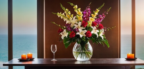  a vase filled with lots of flowers sitting on top of a table next to a glass of wine and a wine glass on a table next to a wine glass.