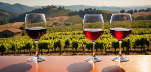  three glasses of wine sit on a table in front of a vineyard with a view of the hills and valleys in the distance and a row of trees in the foreground.