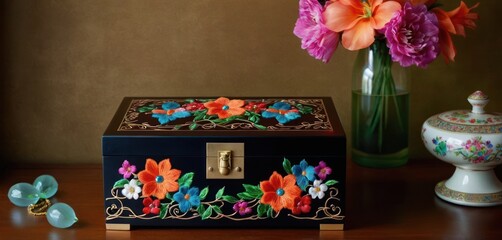  a wooden box sitting on top of a wooden table next to a vase with flowers in it and a pair of scissors on the side of the table next to the box.