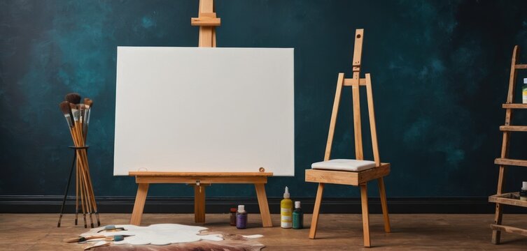  an easel, easel, paintbrush, and other art supplies sit in front of a wall painted with a teal green and teal hued background.