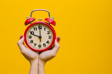 Female hands holding a large red alarm clock, isolated on a yellow background - obrazy, fototapety, plakaty