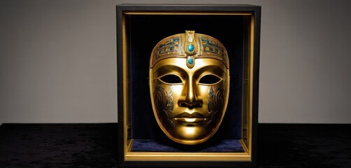  a gold mask in a black box on a black surface with a white wall in the background and a black table with a black table with a black surface and white wall.