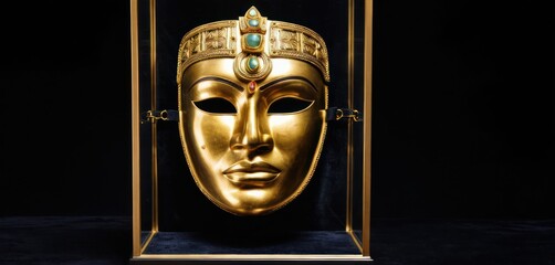  a gold mask in a gold frame with a green stone bead on the top of the mask and a green stone bead on the bottom of the mask.