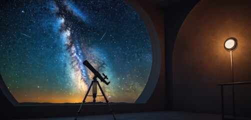  a telescope on a tripod in front of a window with a view of the night sky and stars in the sky with a bright light bulb on the floor.