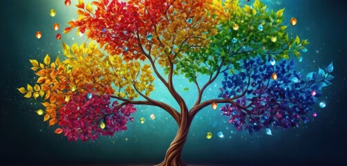  a colorful tree with lots of leaves in the shape of a rainbow on a dark blue background with a blue sky in the background and a light from the bottom.