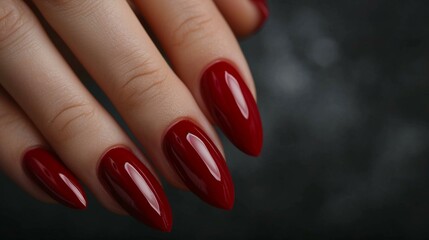 Classic and timeless cherry red nails, perfect for a bold and confident manicure statement. [Cherry red nails, well-groomed women's hands with delicate and elegant manicure, banner