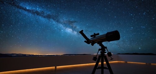  a telescope sitting on top of a wooden tripod under a night sky filled with stars and a large telescope mounted on top of a wooden tripod on a metal tripod. - obrazy, fototapety, plakaty