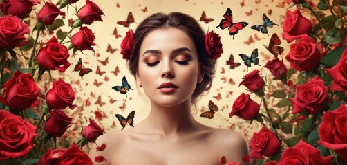  a woman surrounded by red roses with a butterfly on her face and a butterfly flying above her head, with a background of red roses and a woman's face.