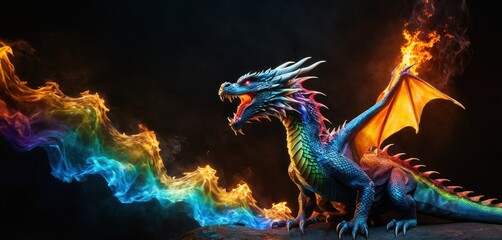  a colorful dragon sitting on top of a rock next to a rainbow colored cloud of smoke and fire behind it is a black background and a black background with a black backdrop. - obrazy, fototapety, plakaty