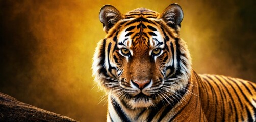  a close up of a tiger looking at the camera with a blurry back ground and a yellow back ground behind it, with a blurry background of a tree trunk and a.