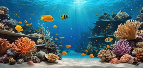  an underwater scene of a coral reef with a variety of tropical fish and corals on the bottom and bottom of the ocean floor with sunlight streaming through the water.