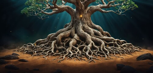  a painting of a tree with lots of roots and a light shining through the leaves on the top of the tree is surrounded by rocks and dirt on the bottom of the ground.