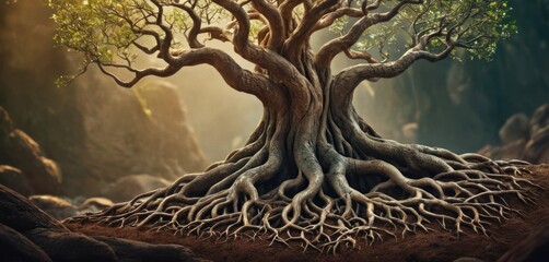  a picture of a tree with a lot of roots growing out of it's trunk in the middle of a rocky area with rocks and trees in the background. - obrazy, fototapety, plakaty