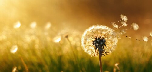  a close up of a dandelion in a field of grass with the sun shining down on the grass and the dandelions blowing in the foreground.