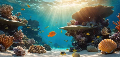 Fotobehang  an underwater scene of a coral reef with many different types of corals and fish swimming in the water, with sunlight streaming through the water, and sunlight streaming through the water. © Jevjenijs