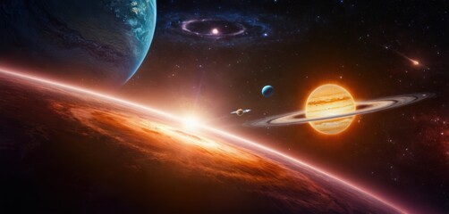  an artist's rendering of a solar system with planets in the foreground and a distant star to the right of the image is a distant planet in the foreground.