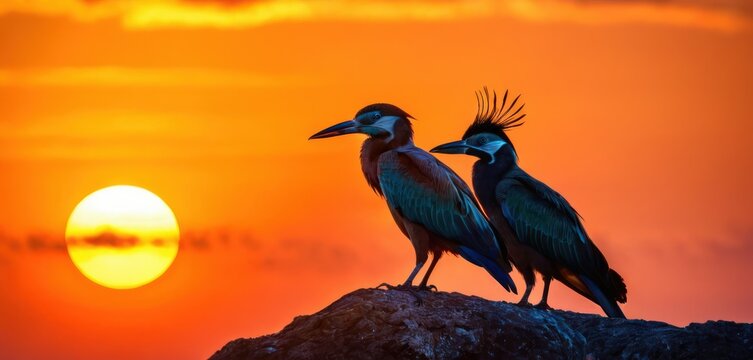  two birds standing on a rock with the sun setting in the background with clouds in the sky and the sun setting in the background with a red and orange sky.