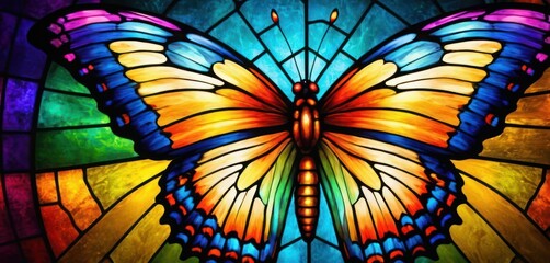  a close up of a colorful butterfly on a stained glass window with multicolored light coming from the top of the wings and back of the butterfly's wings.