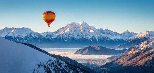  a hot air balloon flying in the sky over a mountain range with snow covered mountains in the foreground and a blue sky with a few clouds in the foreground. - obrazy, fototapety, plakaty