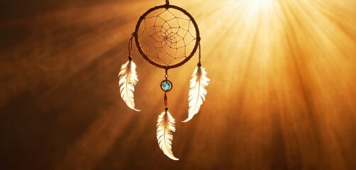  a close up of a sunbeam with a dream catcher hanging from it's side with white feathers and a turquoise stone in the center of the dream catcher. - obrazy, fototapety, plakaty
