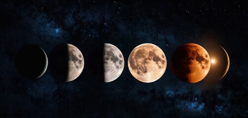  a group of five phases of the moon in the night sky, with stars in the background, in the foreground, and in the foreground, on the foreground is a black background is a.