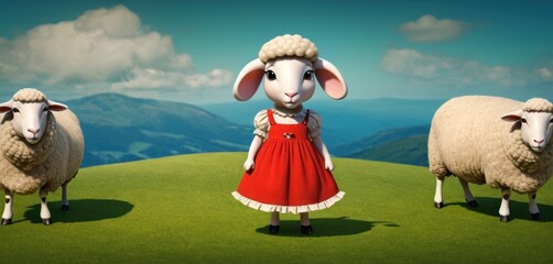  a herd of sheep standing on top of a lush green field next to a sheep in a red dress and a sheep in a white shirt and black and white sheep in a red dress.