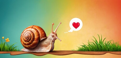  a snail sitting on top of a grass covered hill with a thought bubble above it's head and a red heart above its head on a rainbow colored background.